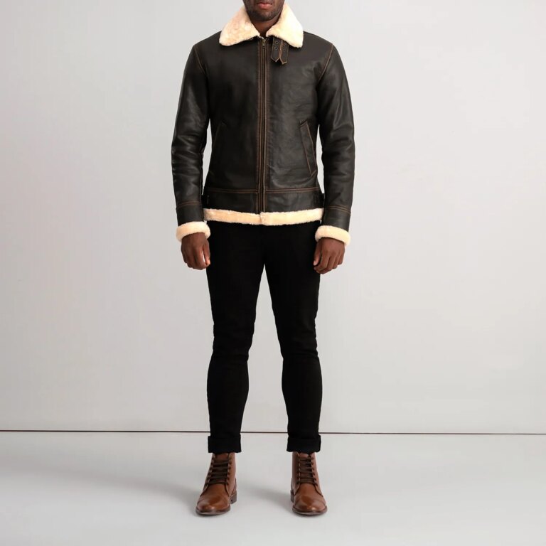 Mens Francis B-3 Brown & Cream Leather Bomber Jacket Full Length-2-1733737601016